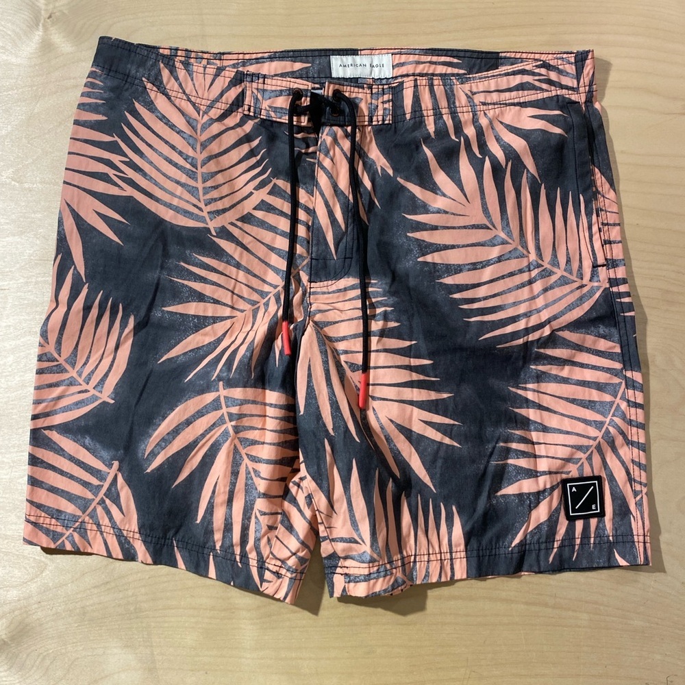American Eagle Outfitters Black and Peach Patterned Swim Trunks XL (OF)